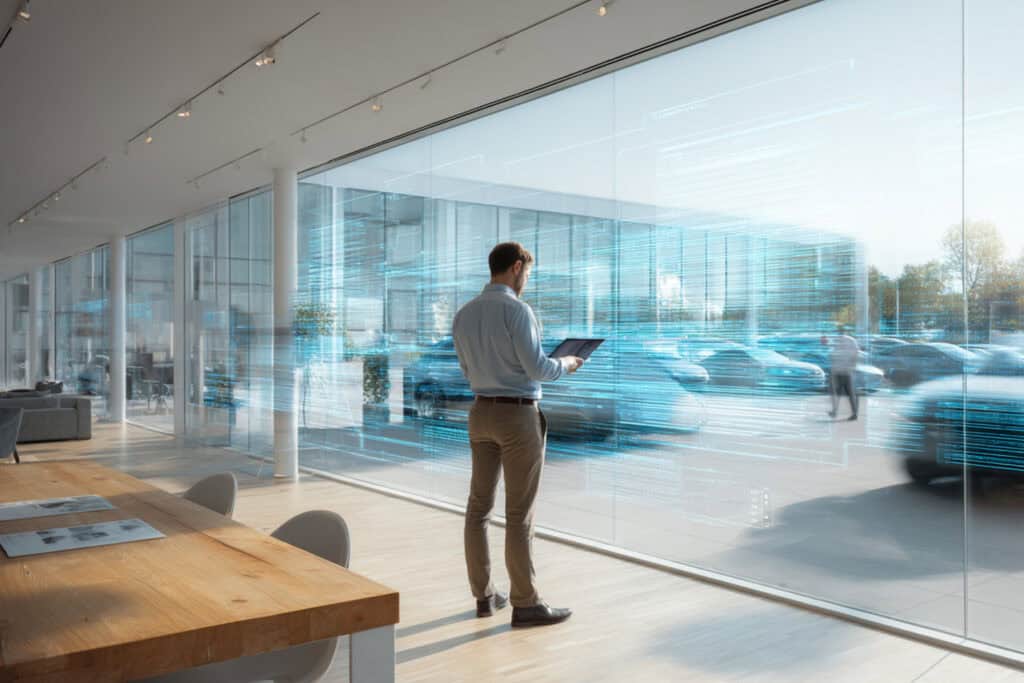 Hüsges Berater mit Laptop analysiert Fahrzeugflotte digital