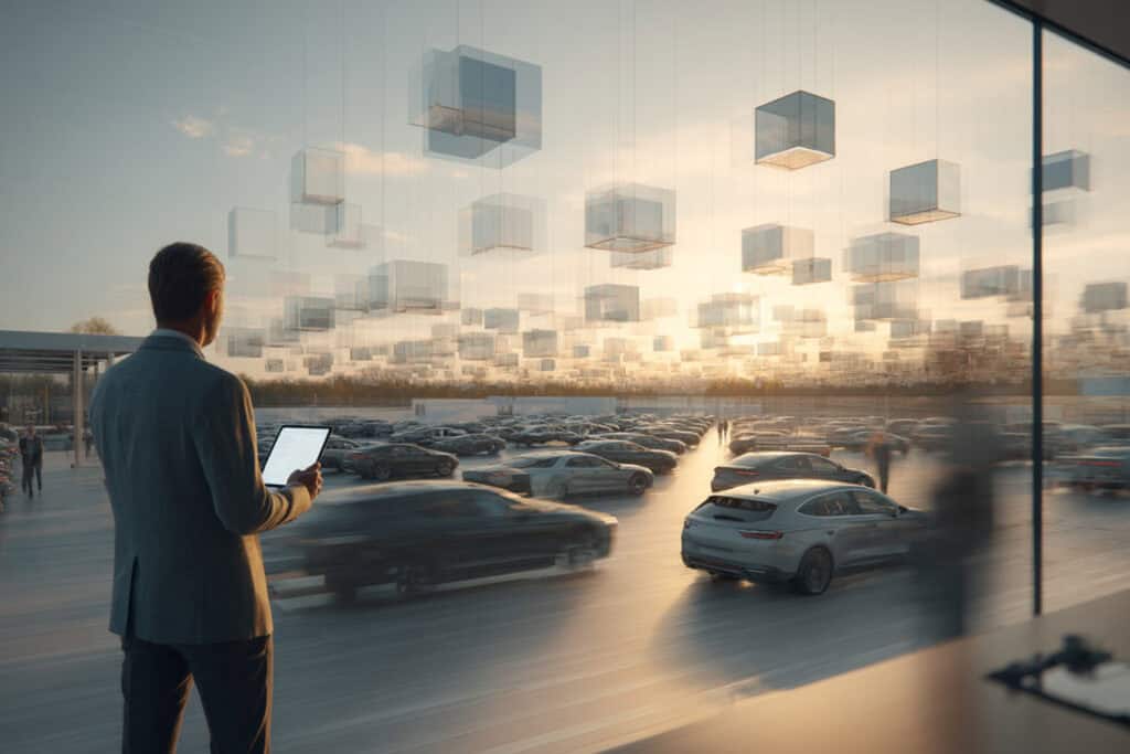 Hüsges Gutachter mit Tablet blickt auf Fahrzeugflotte