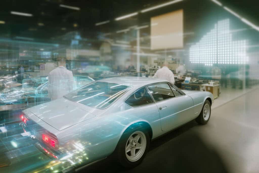 Fahrzeug wird in futuristischer Werkstatt überprüft.