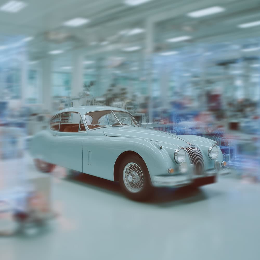 Fahrzeug wird in futuristischer Werkstatt überprüft.