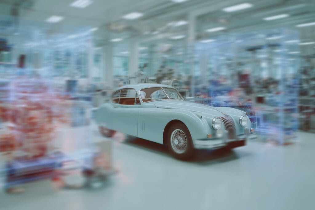 Fahrzeug wird in futuristischer Werkstatt überprüft.