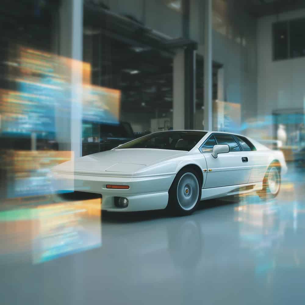 Fahrzeug wird in futuristischer Werkstatt überprüft.