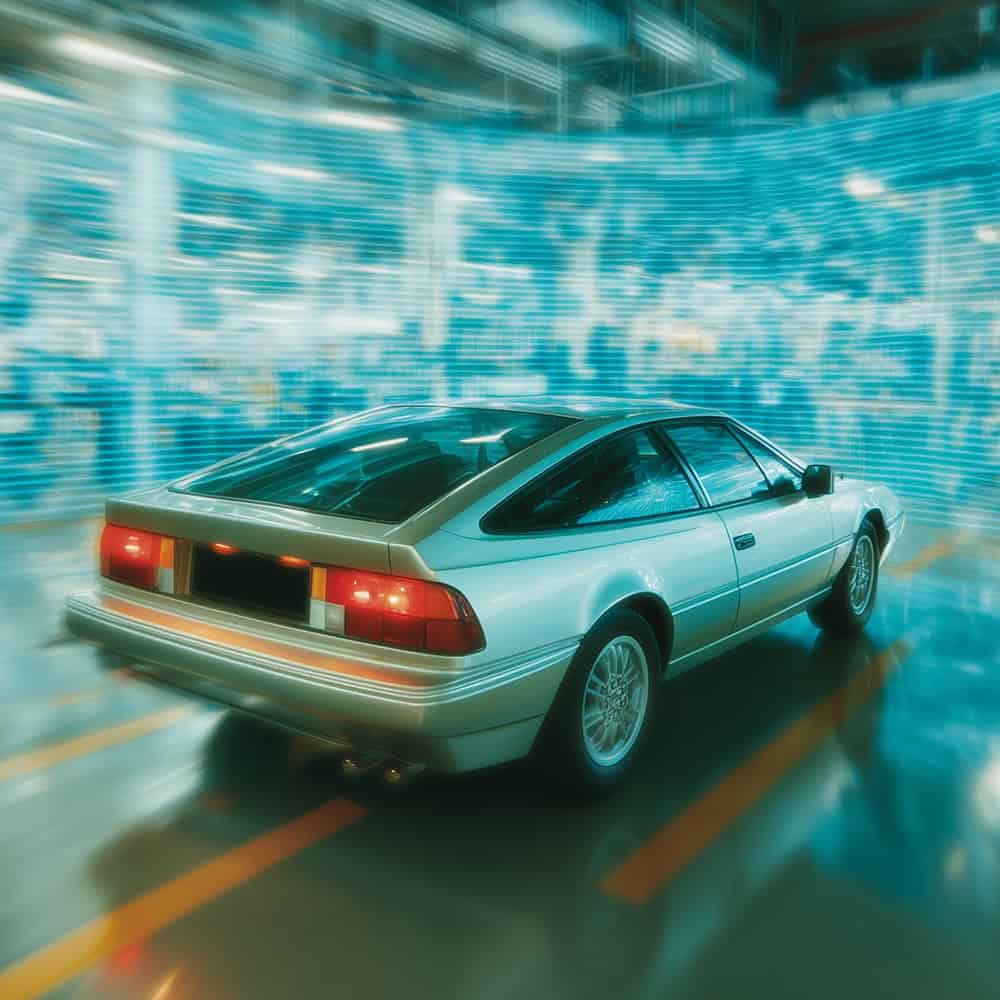 Fahrzeug wird in futuristischer Werkstatt überprüft.