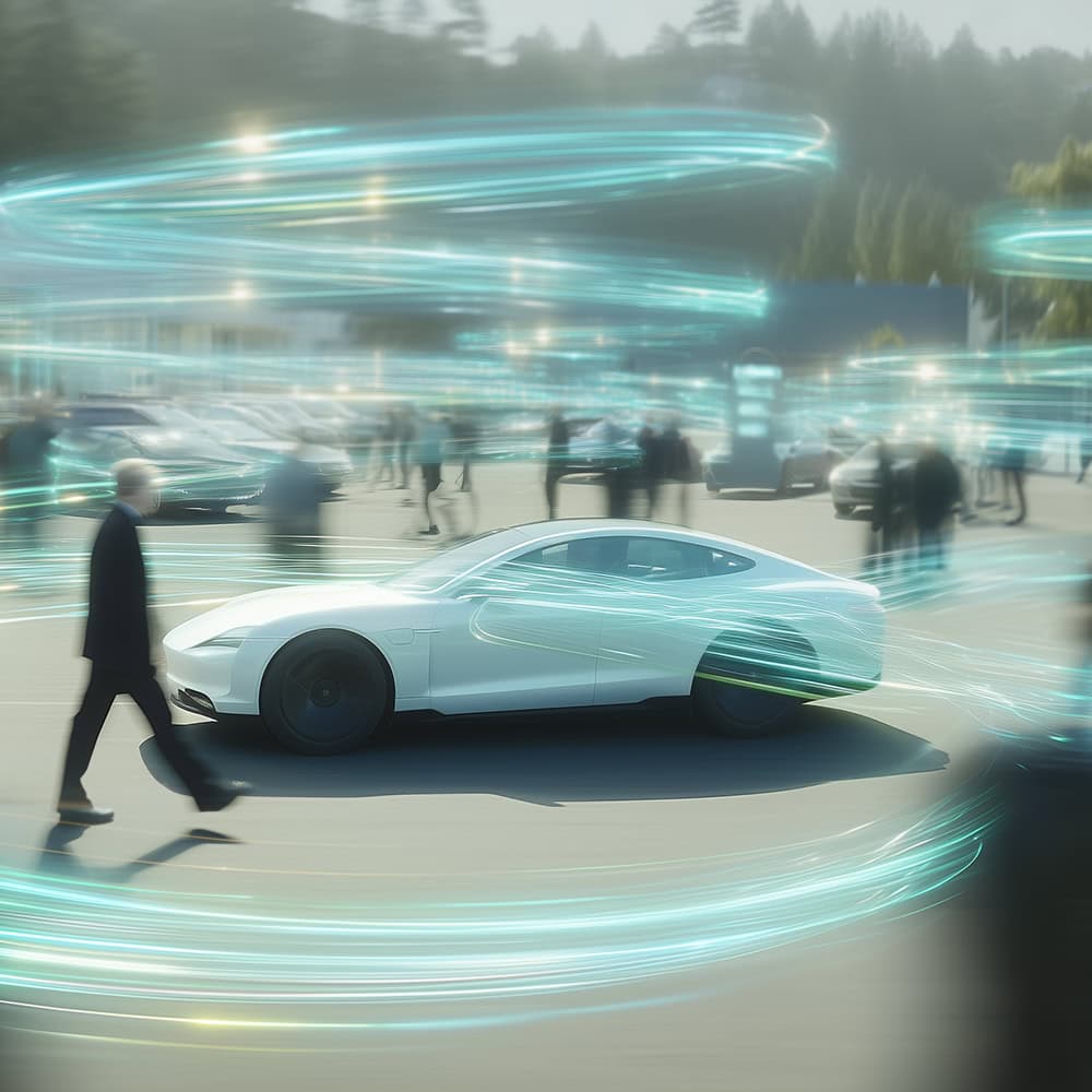 Fahrzeug wird in futuristischer Werkstatt überprüft.