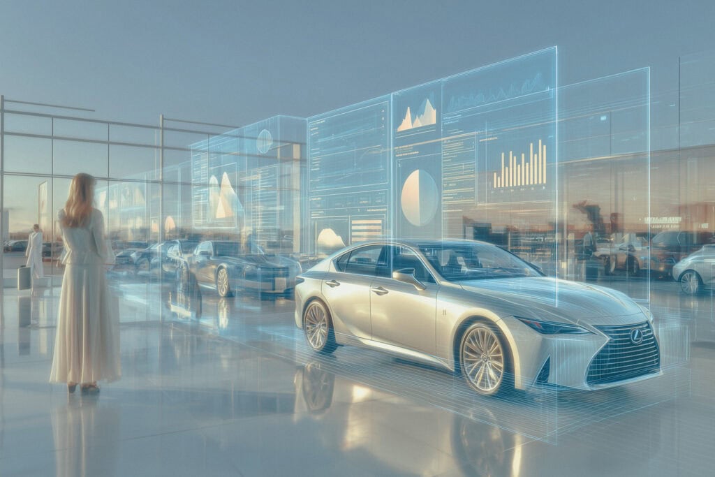 KFZ-Wertgutachten von Hüsges: Digitale Fahrzeuganalyse mit holografischen Datenanzeigen in einer modernen Werkstattumgebung.